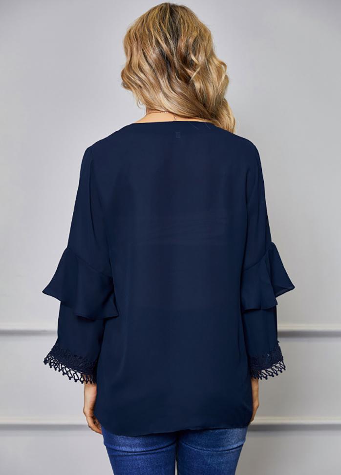 Flouncing Solid Color V Neck Long Sleeve Blouse