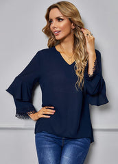 Flouncing Solid Color V Neck Long Sleeve Blouse