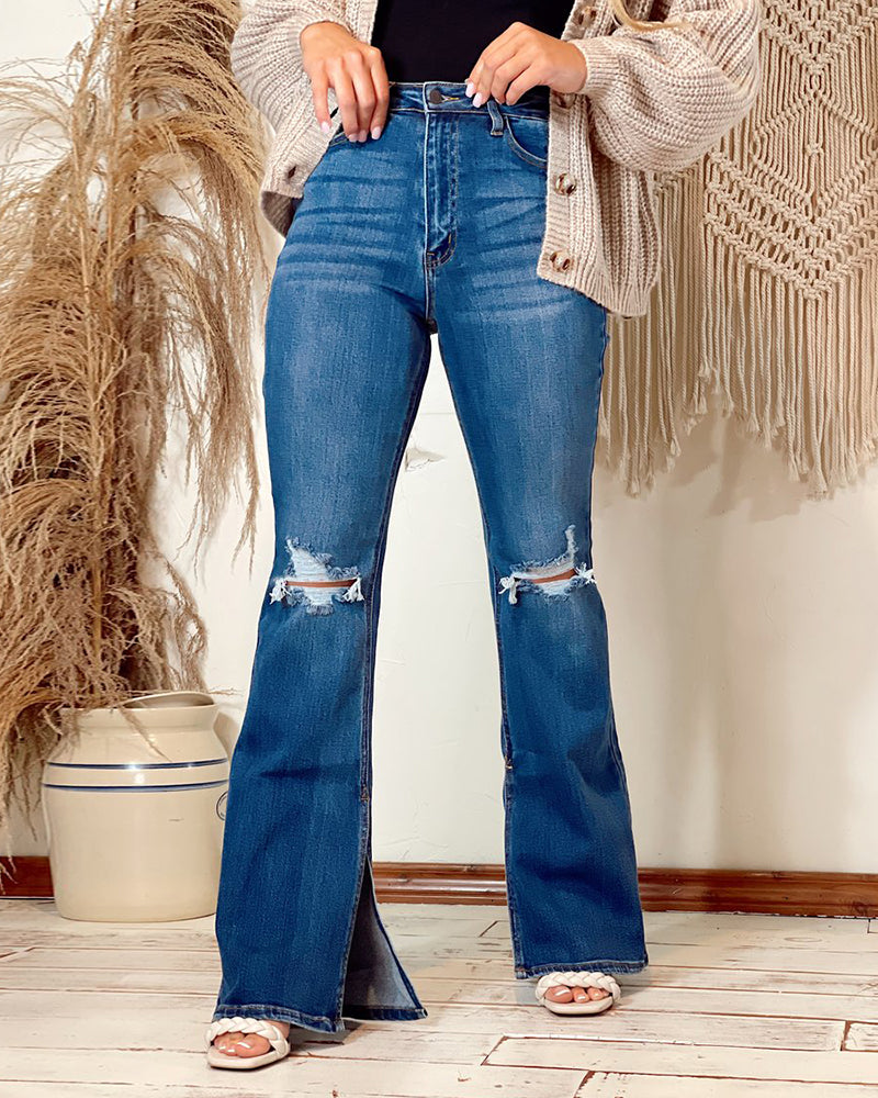 90s Vintage Ripped Knee Split Hem Flare Jeans