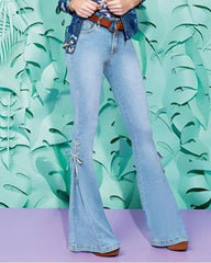 90s Vintage Lace Up Side Pleated Flare Jeans