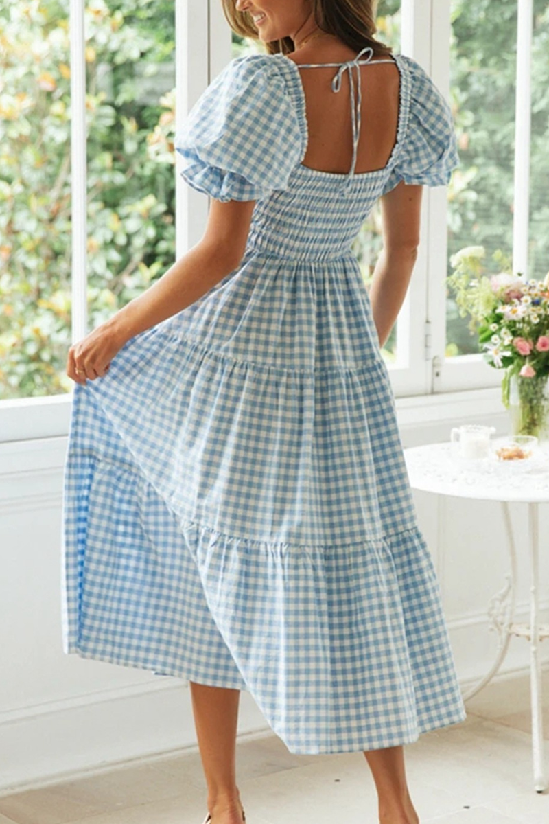 A Loving Endeavor Plaid Puff Sleeve Midi Dress