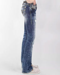 90s Vintage Ripped Embroidery Pocket Low Waist Flare Jeans