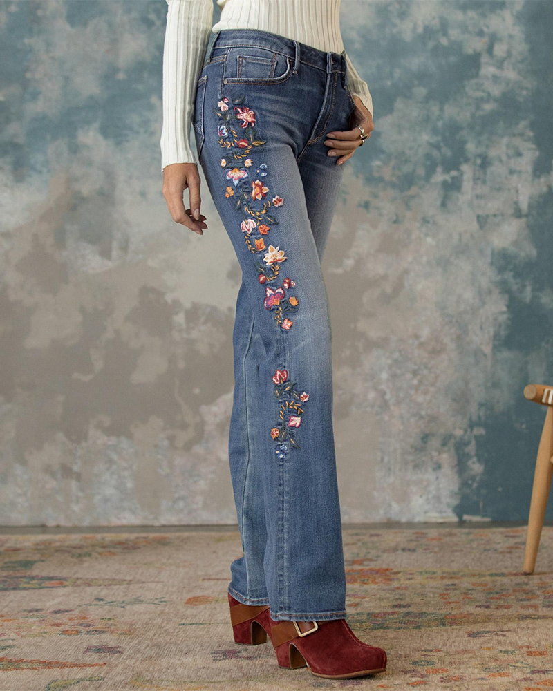 90s Vintage Floral Embroidery Side Straight Leg Jeans