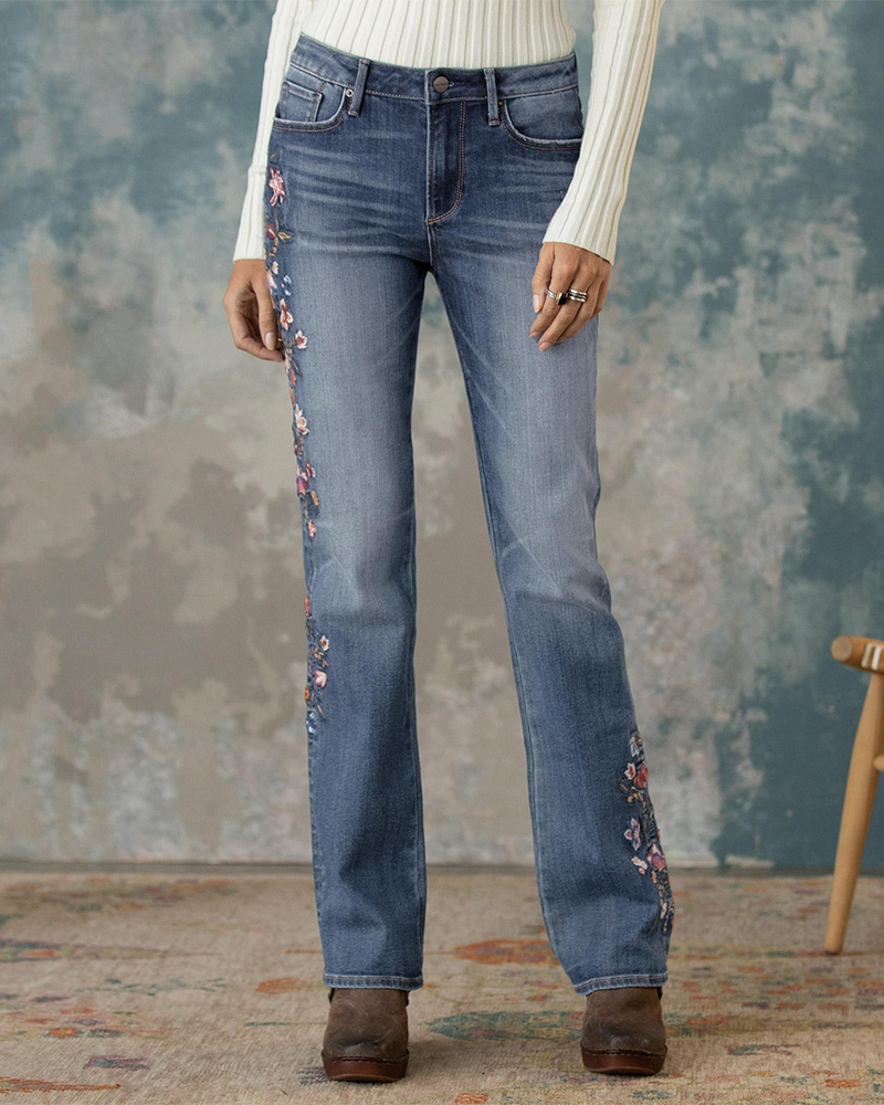 90s Vintage Floral Embroidery Side Straight Leg Jeans