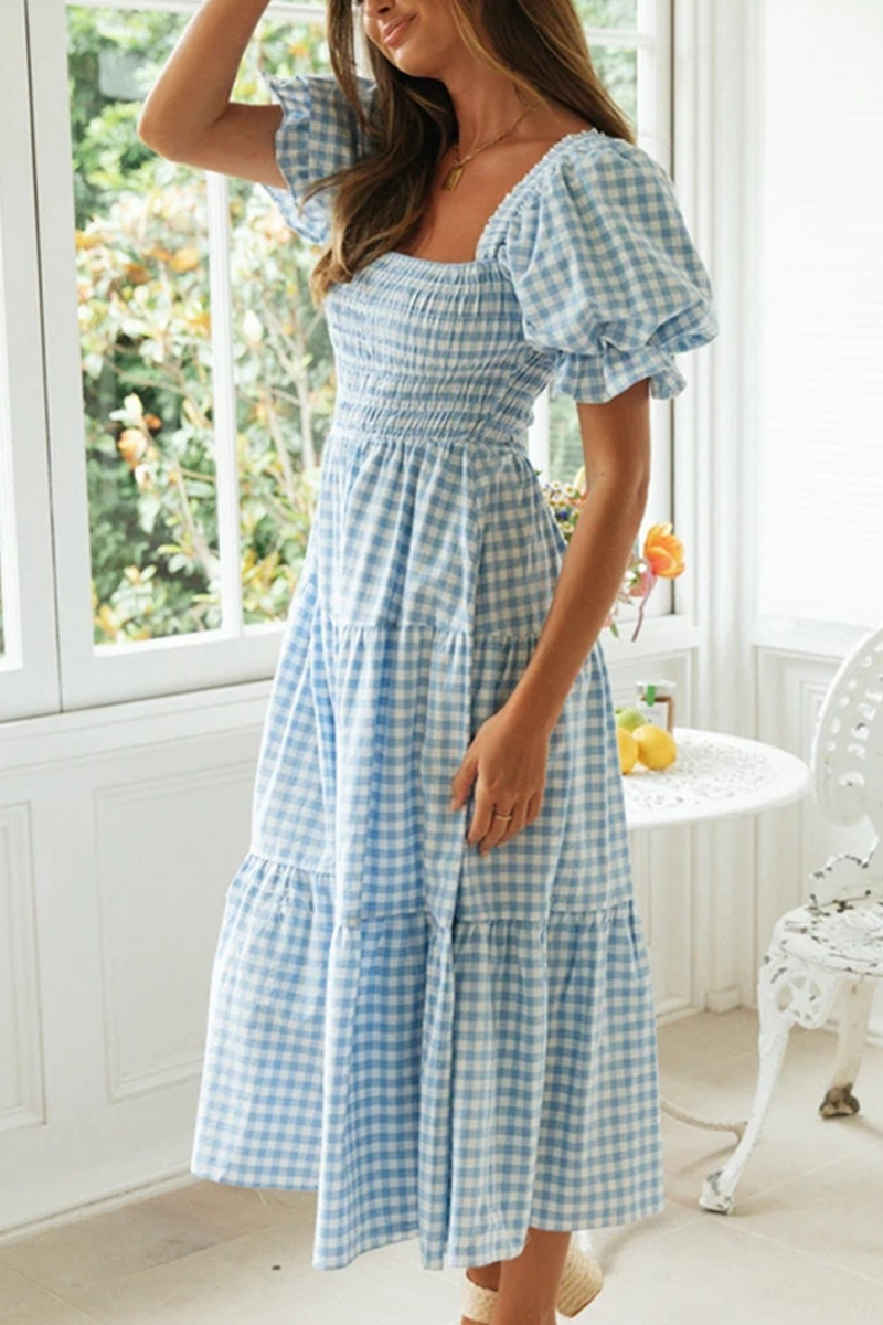 A Loving Endeavor Plaid Puff Sleeve Midi Dress