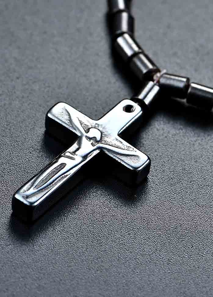 Black Stone Cross Pendant Necklace