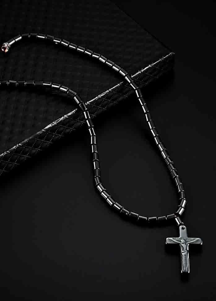 Black Stone Cross Pendant Necklace