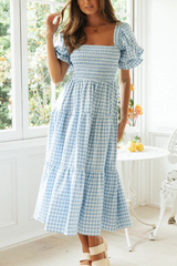 A Loving Endeavor Plaid Puff Sleeve Midi Dress