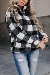 Black And White Plaid Jacquard Zipper Front Stand Collar Women Street Sweatshirt