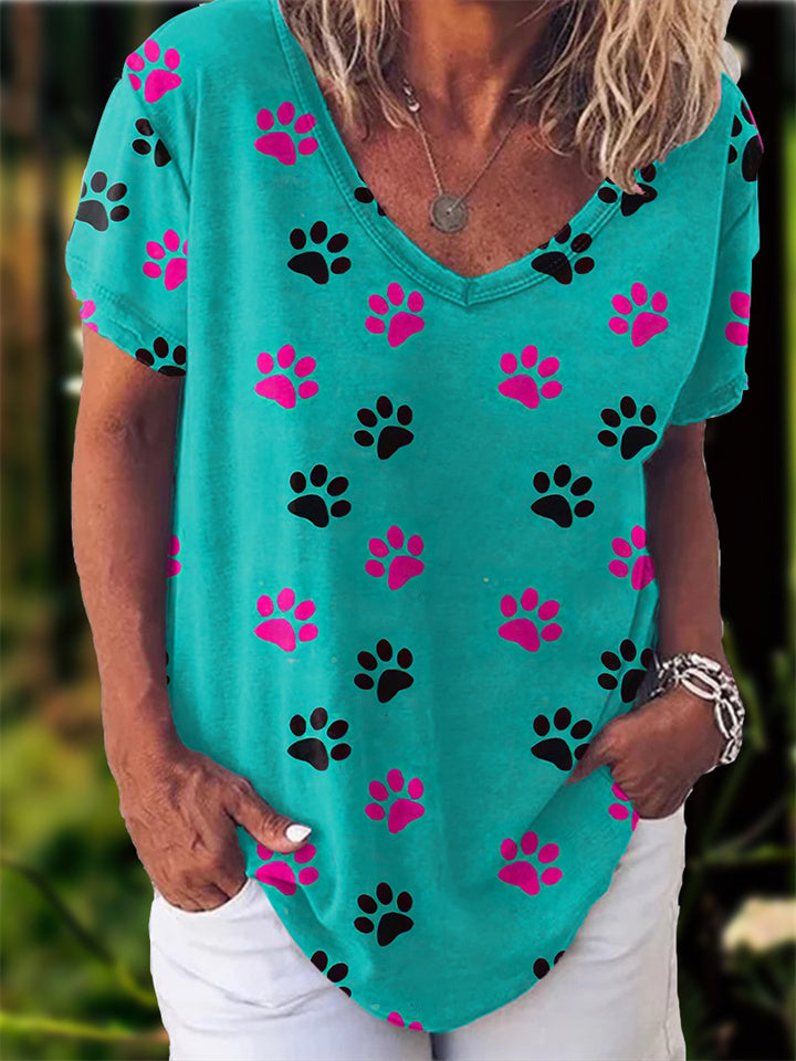 3D Printed Short-sleeved T-shirt Women's Summer New Casual Half-sleeved Dog Paw Print V-neck T-shirt S M L XL 2XL 3XL 4XL 5XL