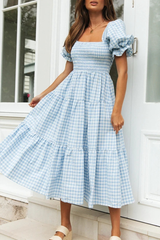 A Loving Endeavor Plaid Puff Sleeve Midi Dress