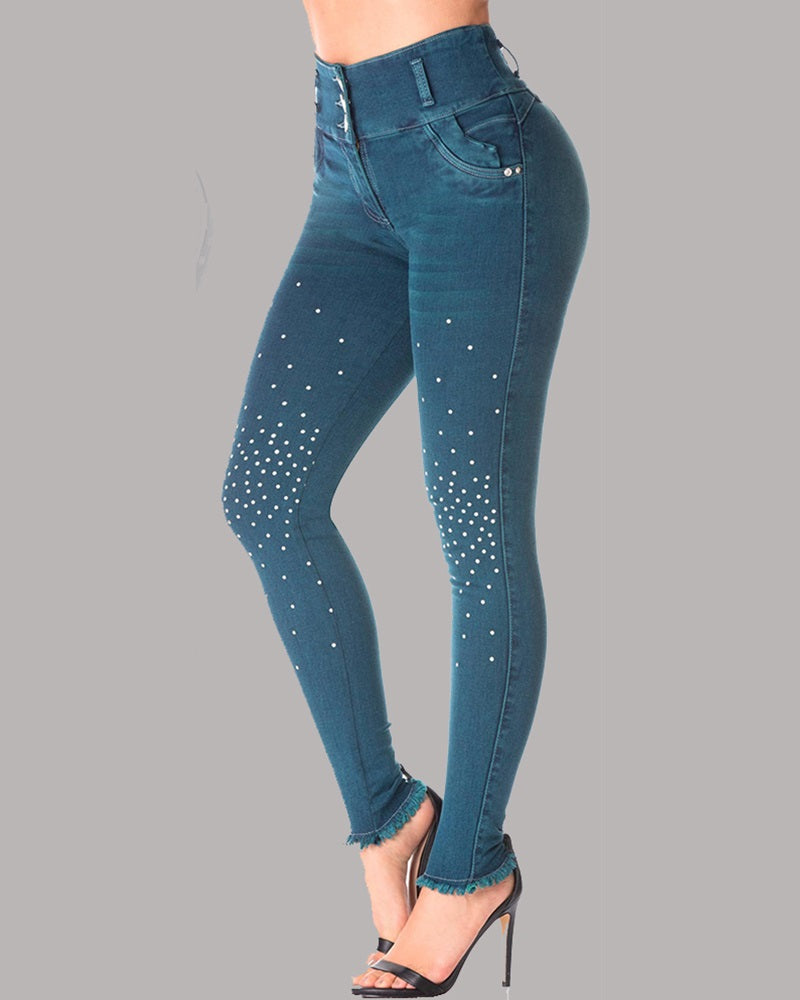 Beaded Raw Hem Button Up High Waist Skinny Jeans