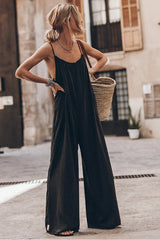 Black Frilled Neckline Strap Backless Wide Leg Jumpsuit