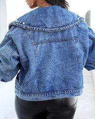 Beaded Single Breasted Sailor Collar Denim Jacket