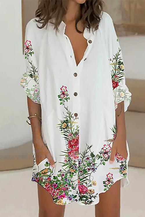 Long Sleeve Curve Hem Printed Shirt Dress