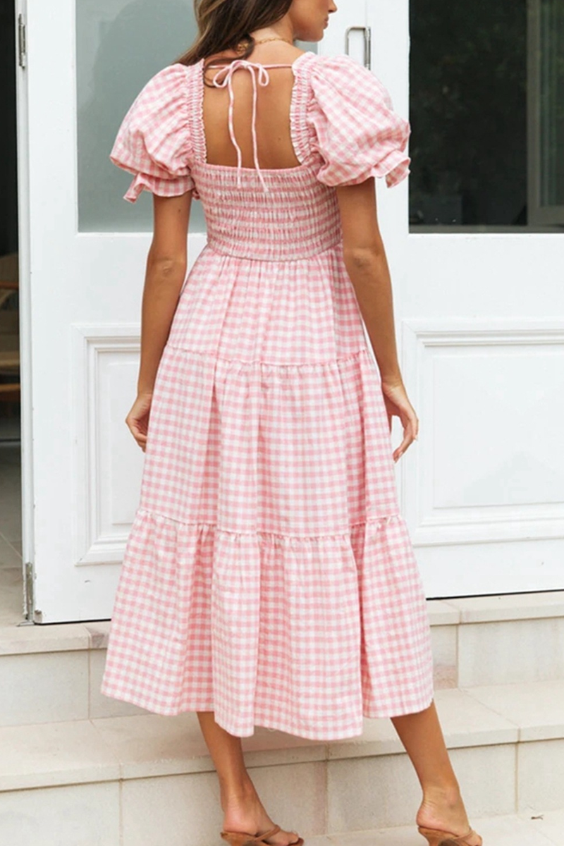 A Loving Endeavor Plaid Puff Sleeve Midi Dress