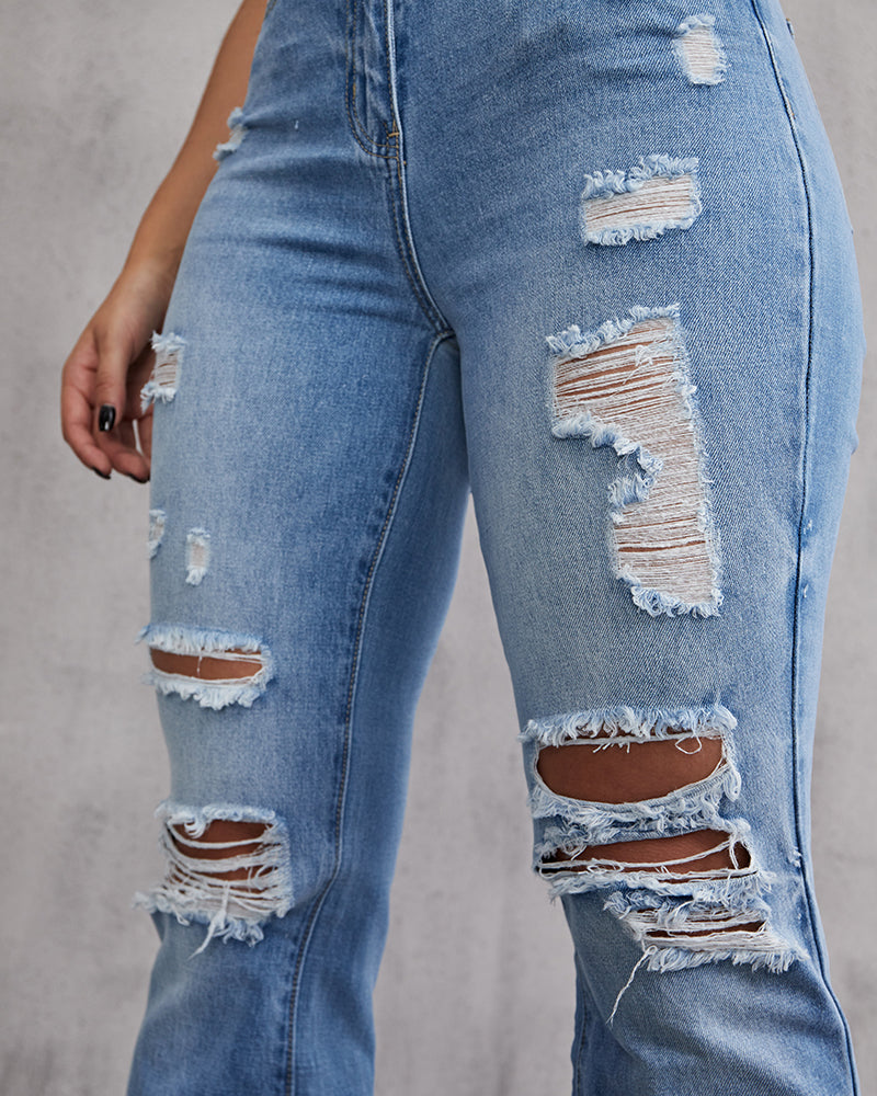 90s Vintage Ripped Mid Waist Flare Jeans