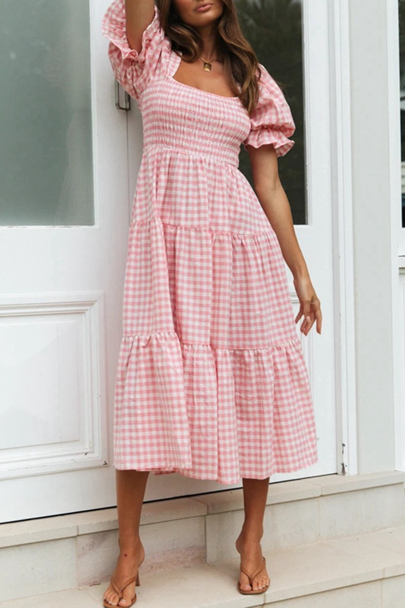 A Loving Endeavor Plaid Puff Sleeve Midi Dress