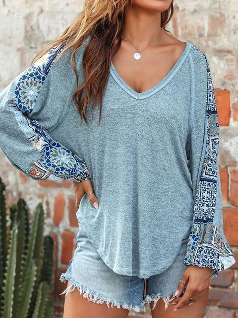 Ethnic Print Sleeve V-neck Top