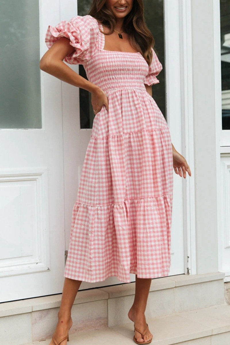 A Loving Endeavor Plaid Puff Sleeve Midi Dress