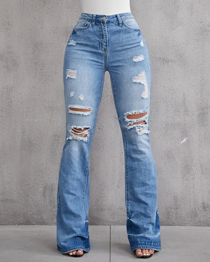 90s Vintage Ripped Mid Waist Flare Jeans