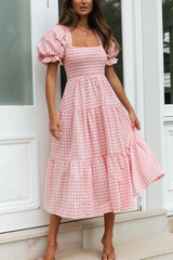 A Loving Endeavor Plaid Puff Sleeve Midi Dress