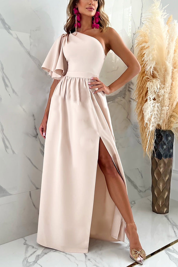 A Point In Time One Shoulder Ruffle Slit Maxi Dress