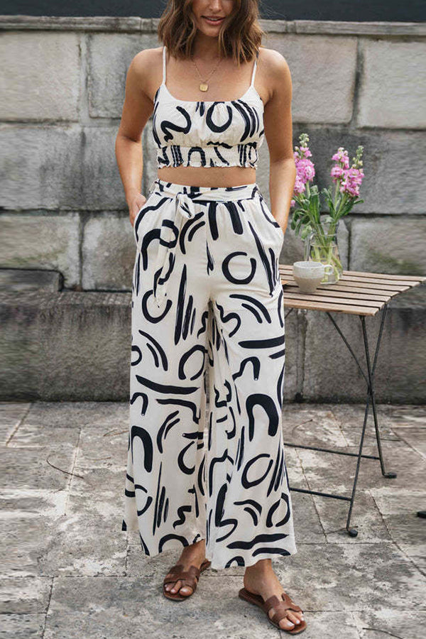 Benji Doodle Printed Cami Crop Top and Knotted Pocket Wide Leg Pants Set