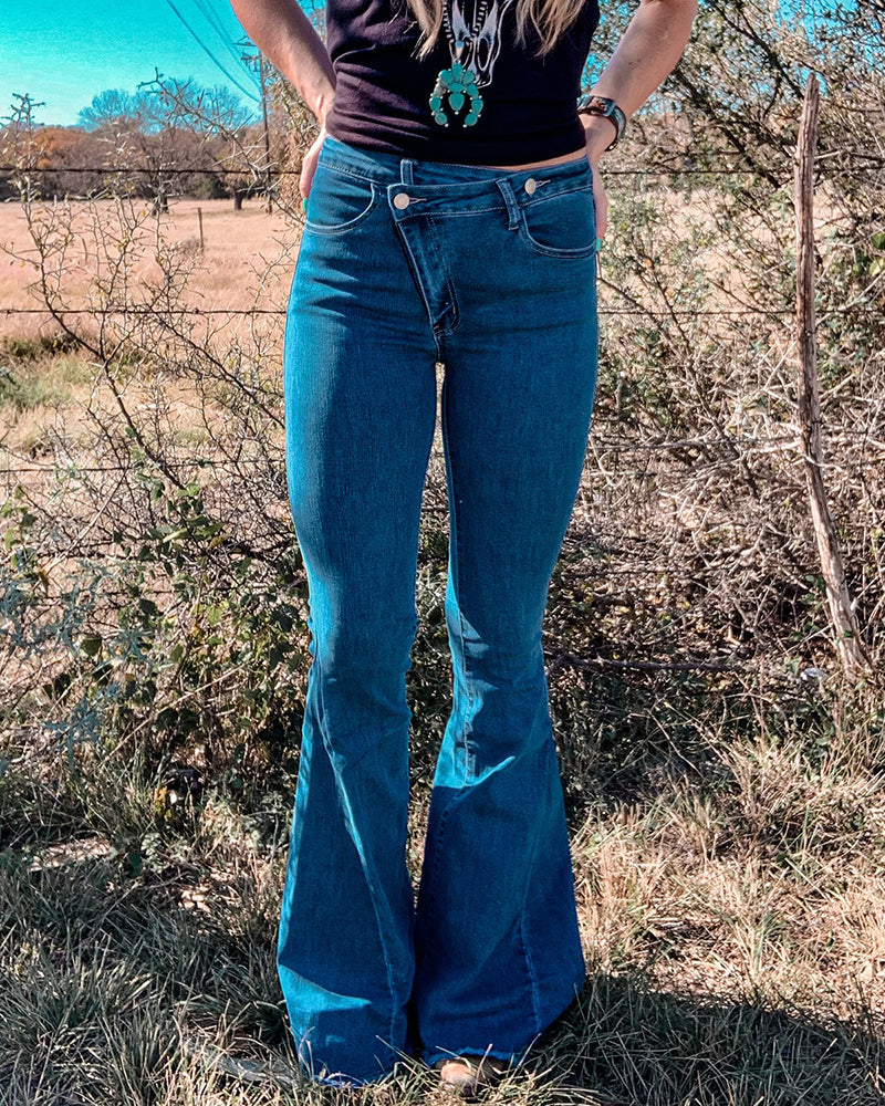 90s Vintage Raw Hem Asymmetrical Waist Flare Jeans