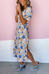 Blue Floral Puff Sleeve Midi Dress