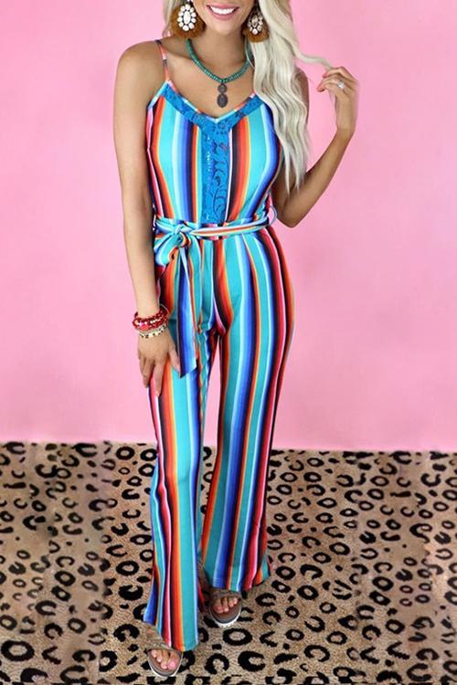 Colorful Stripe Slip Belted Jumpsuits