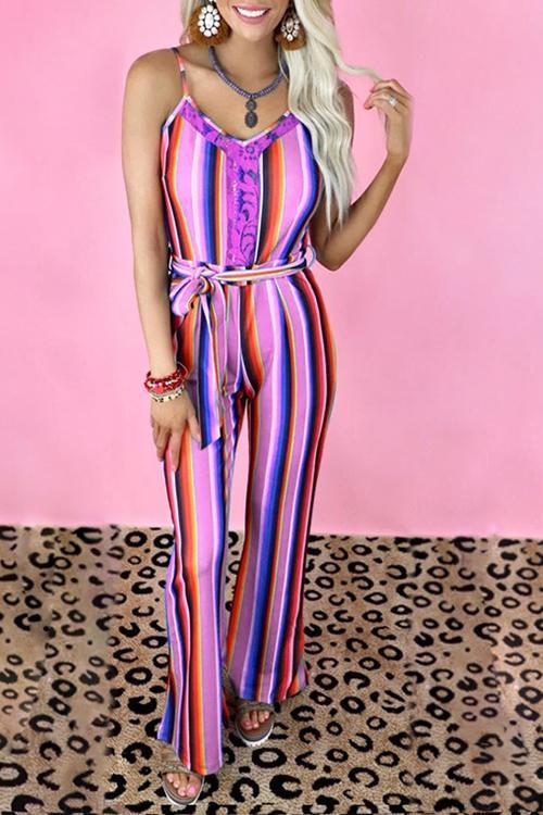 Colorful Stripe Slip Belted Jumpsuits