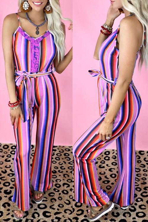 Colorful Stripe Slip Belted Jumpsuits