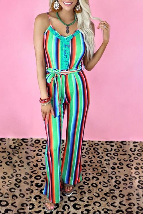 Colorful Stripe Slip Belted Jumpsuits