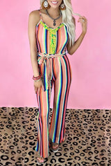 Colorful Stripe Slip Belted Jumpsuits