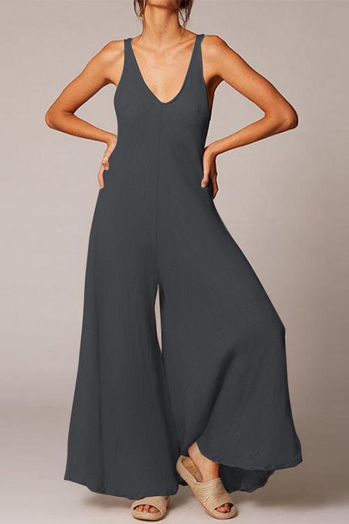 Linen V Neck Flares Tank Jumpsuits