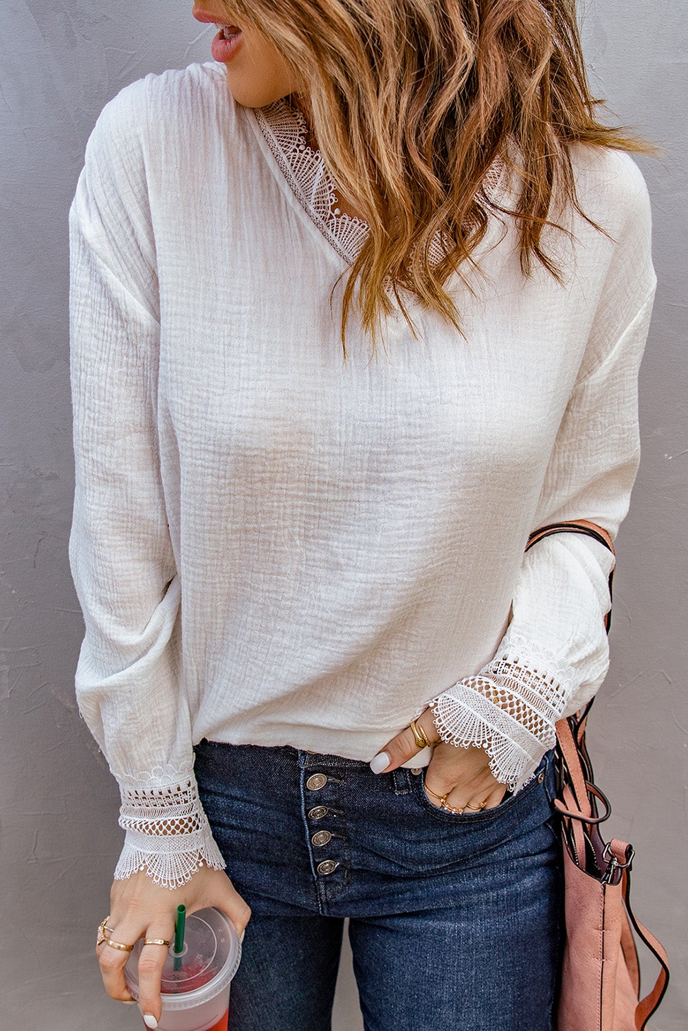 White Lace Cuffed Blouse