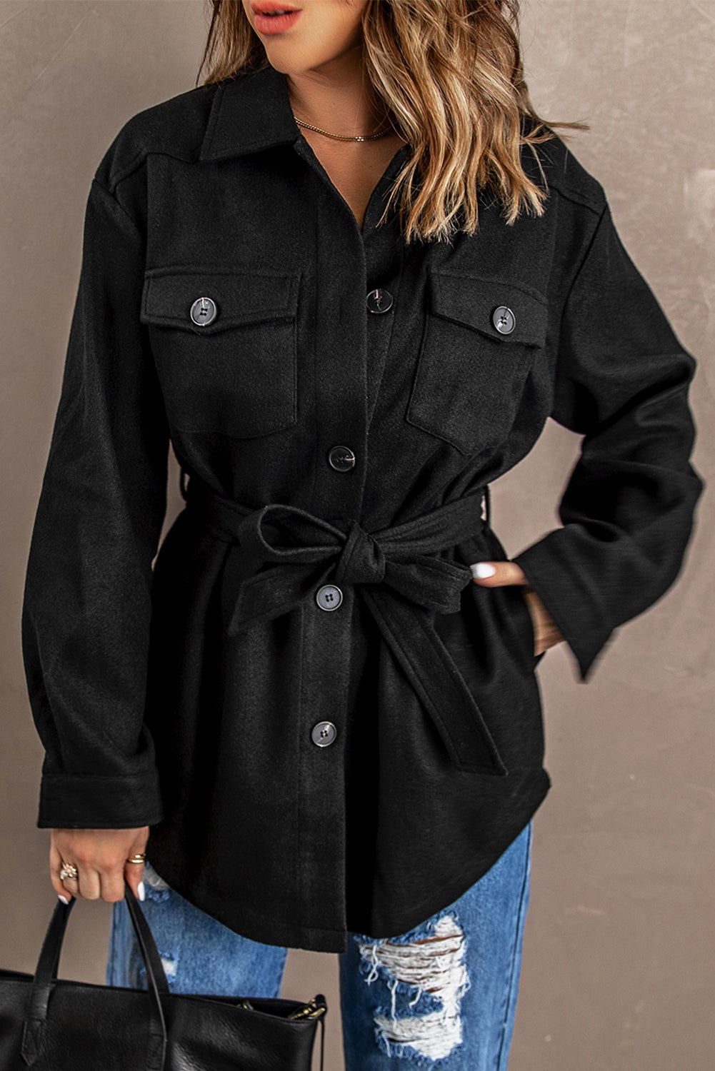 Black Lapel Button-Down Coat