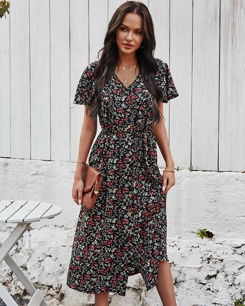 Floral Print V Neck Short Sleeve Ruffle Buttons Dress