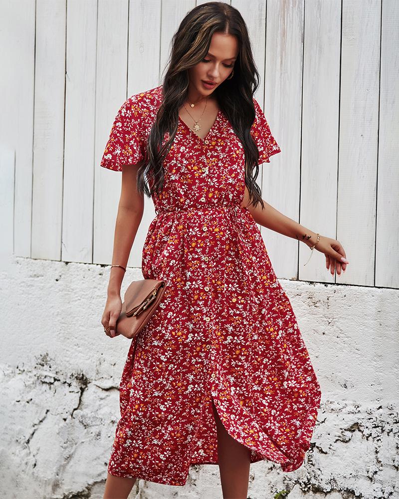 Floral Print V Neck Short Sleeve Ruffle Buttons Dress