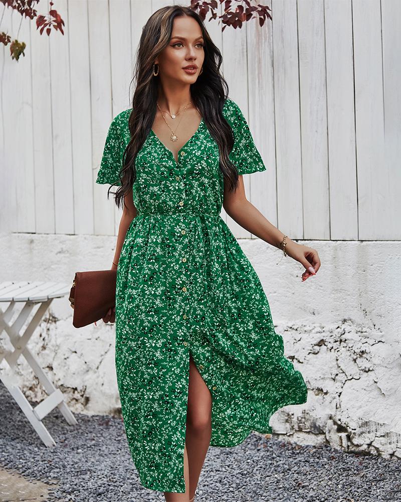 Floral Print V Neck Short Sleeve Ruffle Buttons Dress