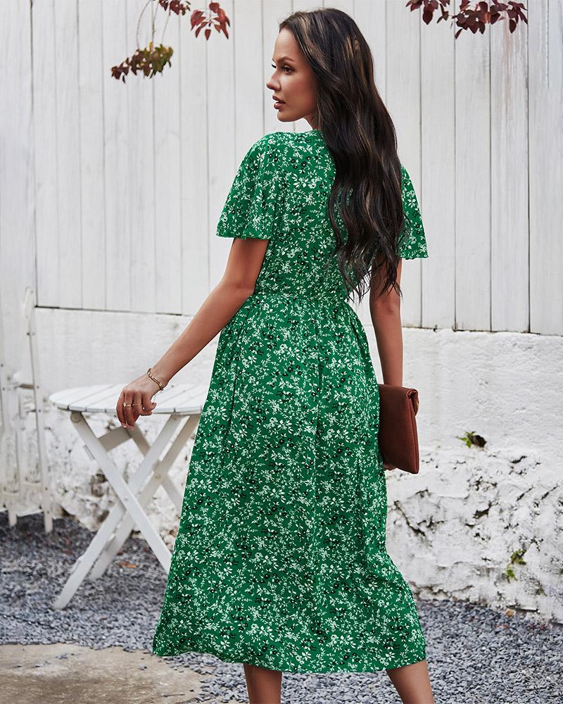 Floral Print V Neck Short Sleeve Ruffle Buttons Dress