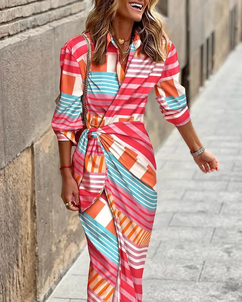 Elegant Long Sleeve V-Neck Print Wrap-Front Maxi Dress