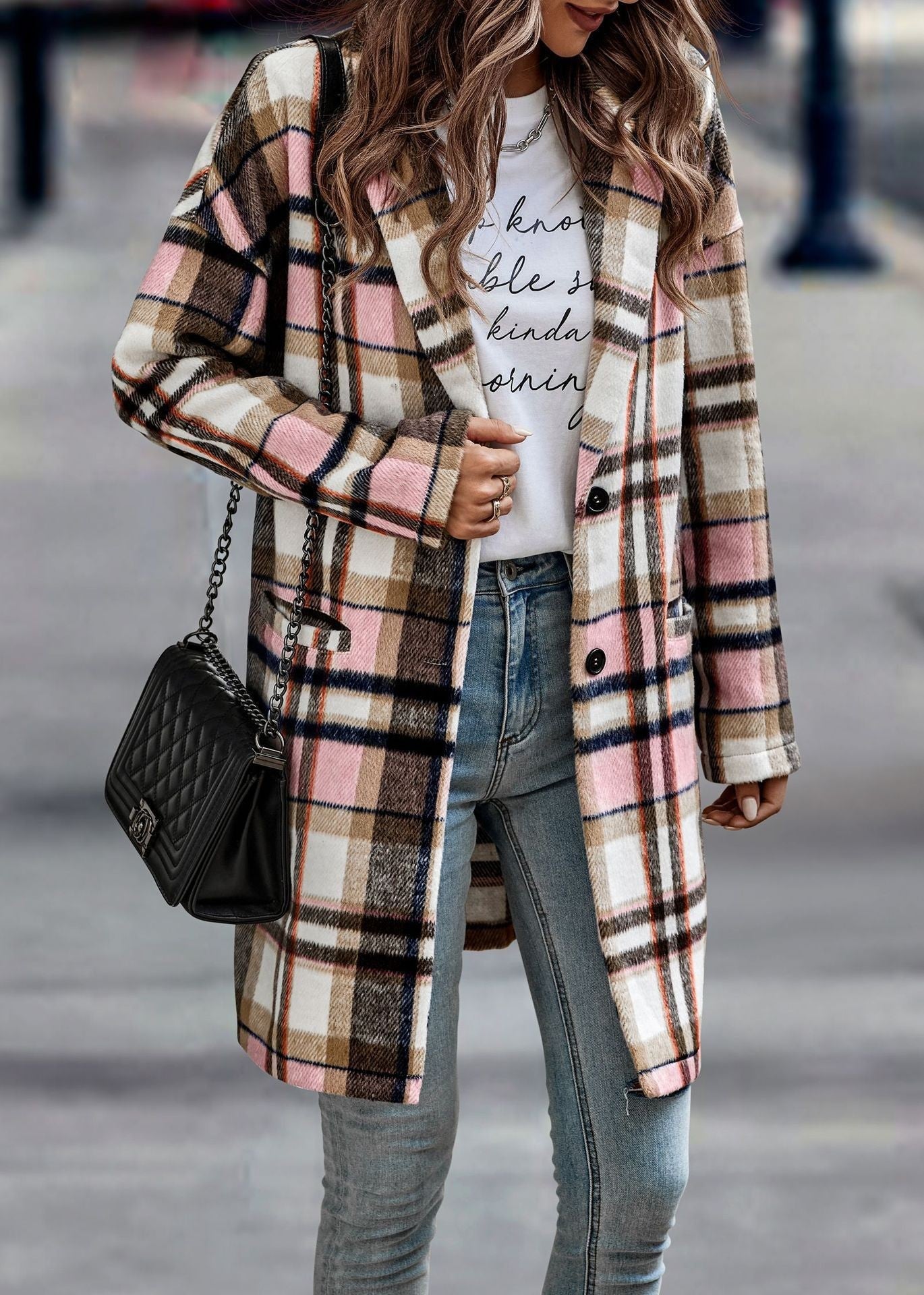 Bend Down Collar Long Sleeve Plaid Open Front Long Cardigan