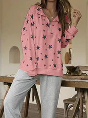 Fashion Turn-Down Collar Star Printed Long Sleeve Loose Blouse Top