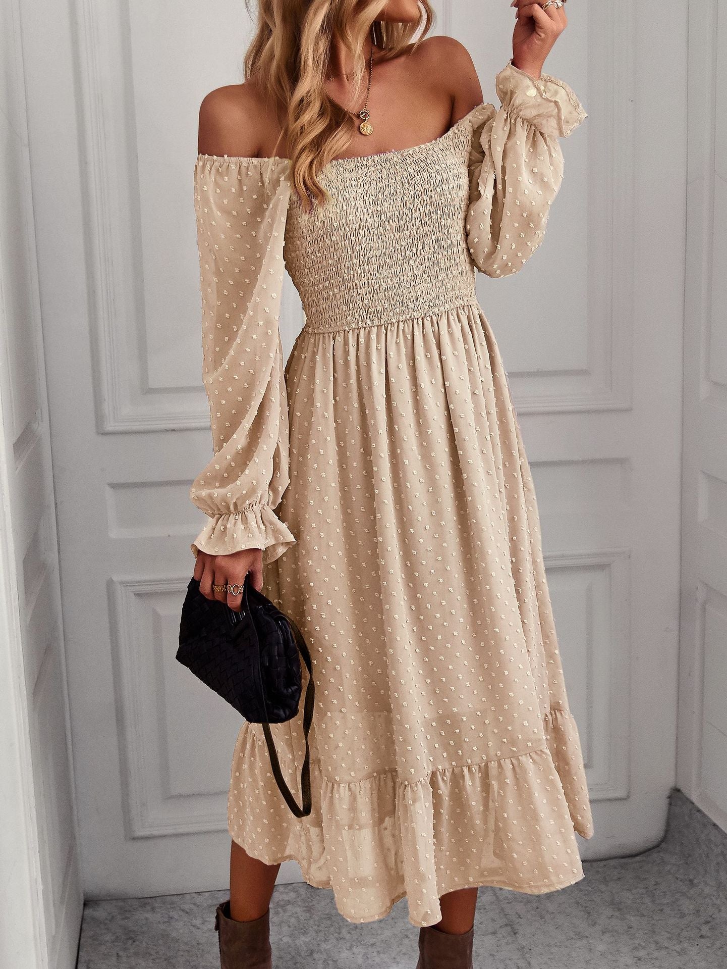 Wide Neck Long Sleeve Flare Midi Dress