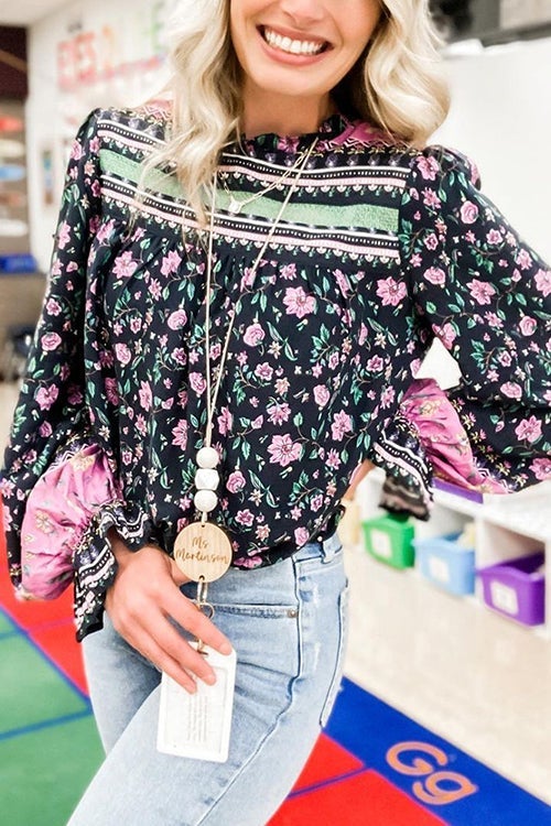 Floral Ruffles Balloon Sleeves Blouse