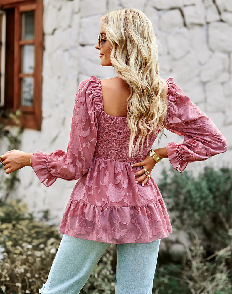 Elegant U-Neck Long Sleeve Lace Top Blouse