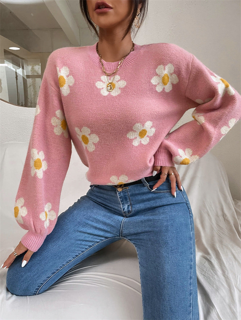 Floral Round Neck Solid Color Sweatshirt