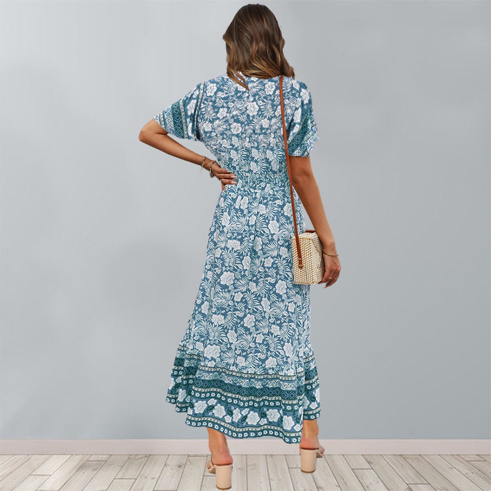 Floral V Neck Short Sleeve Midi Dress